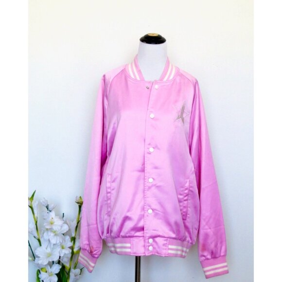 JEFFREE STAR Cosmetics Fashion Embroidered Satin Varsity Bomber Jacket Pink SZ M - Picture 2 of 7